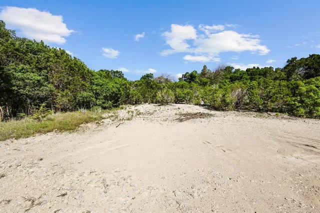 a view of ocean beach with large trees