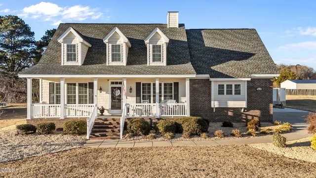 front view of a house with a patio