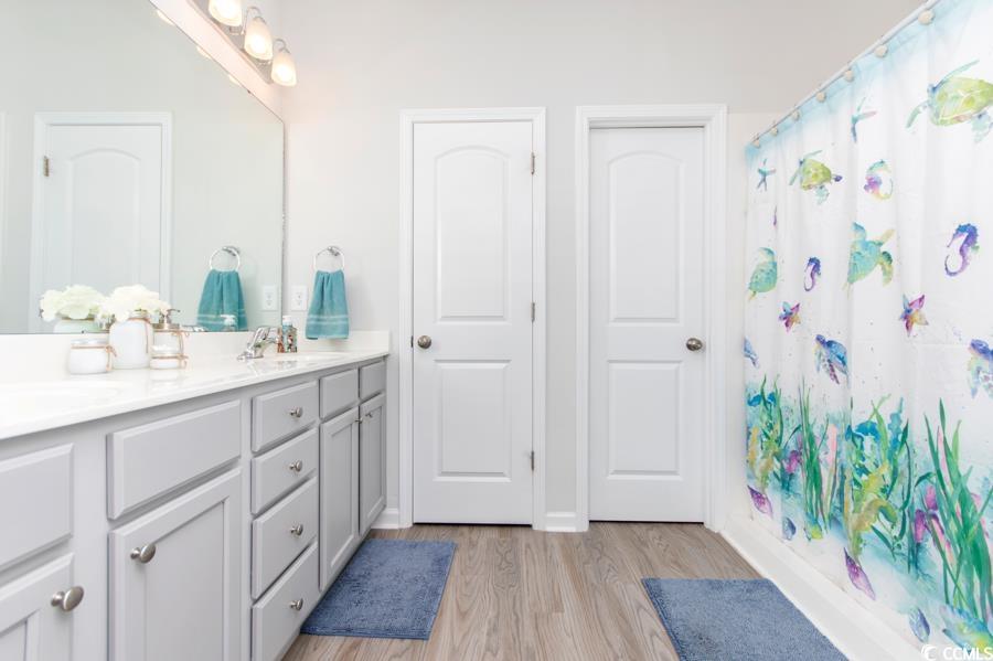 131 Machrie Loop, Unit A Myrtle Beach, SC 29588 - Photo 19 of 40 Bathroom featuring wood-type flooring, a shower wi