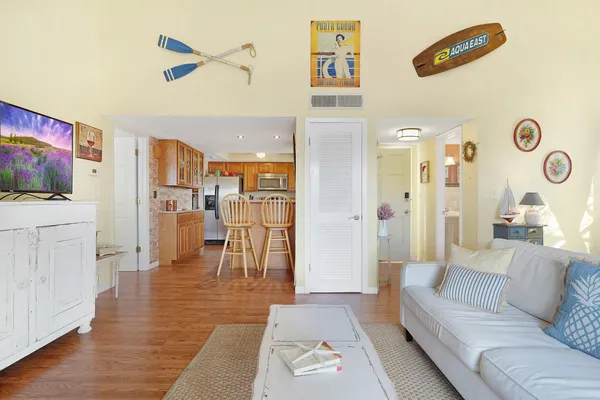 a living room with furniture and a table