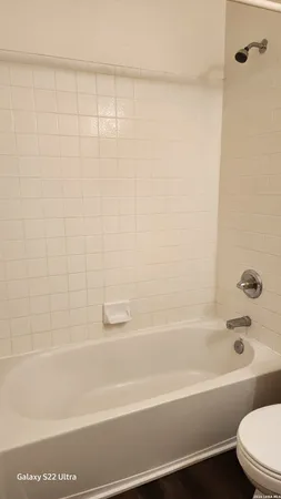 a bathroom with a bathtub and a toilet