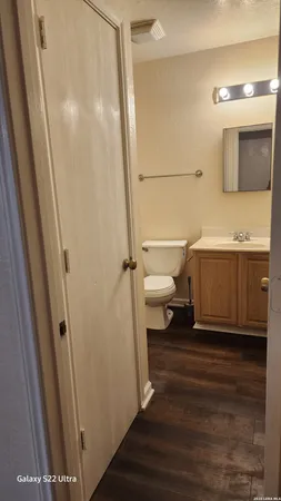 a bathroom with a sink a toilet and a mirror