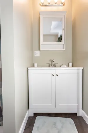 a bathroom with a sink and a mirror