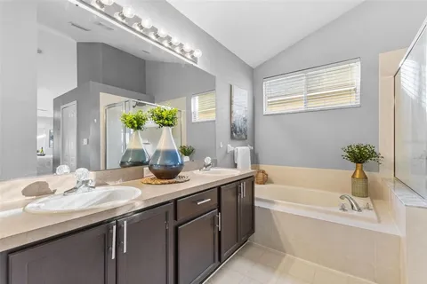 a bathroom with a granite countertop tub sink and mirror