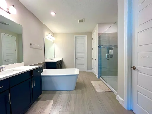 a spacious bathroom with a bathtub shower sink vanity and mirror