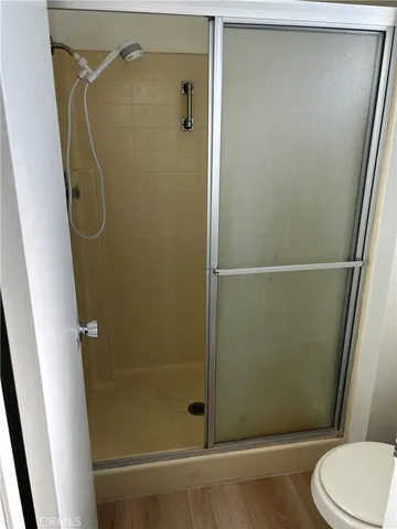 a bathroom with a shower and toilet
