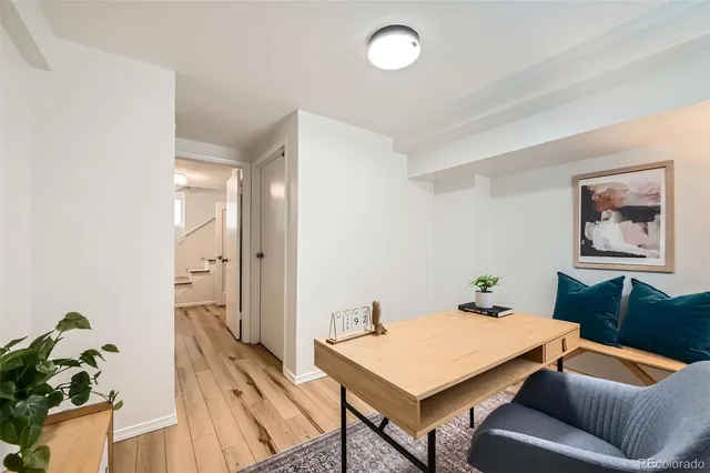 a living room with furniture and a potted plant