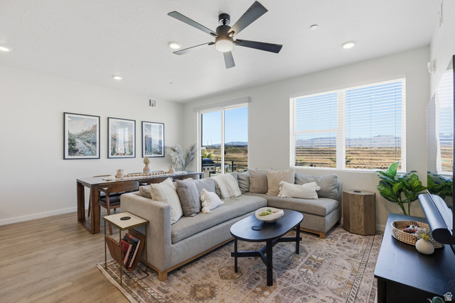 961 West Akoya Pearl Road, Unit 300 St. George, UT 84790 - Photo 9 of 60 Living room with a ceiling fan, light wood-style flooring, and recessed lighting