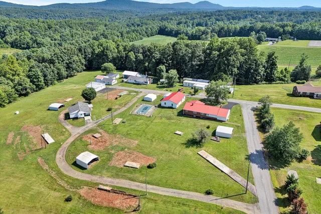 a backyard of a house with lots of green space and lake view