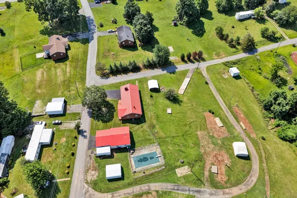 an aerial view of a swimming pool
