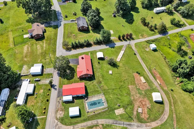 an aerial view of a swimming pool