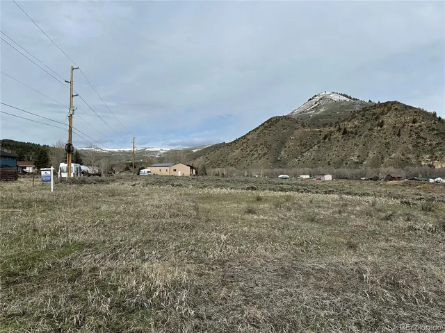 a view of a dry field with trees in background