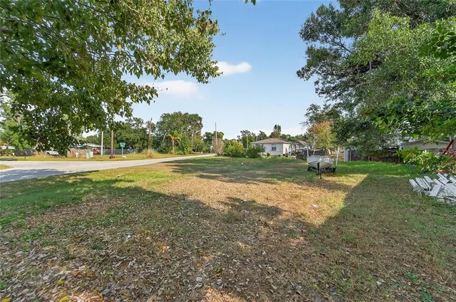 a view of a field of grass and trees