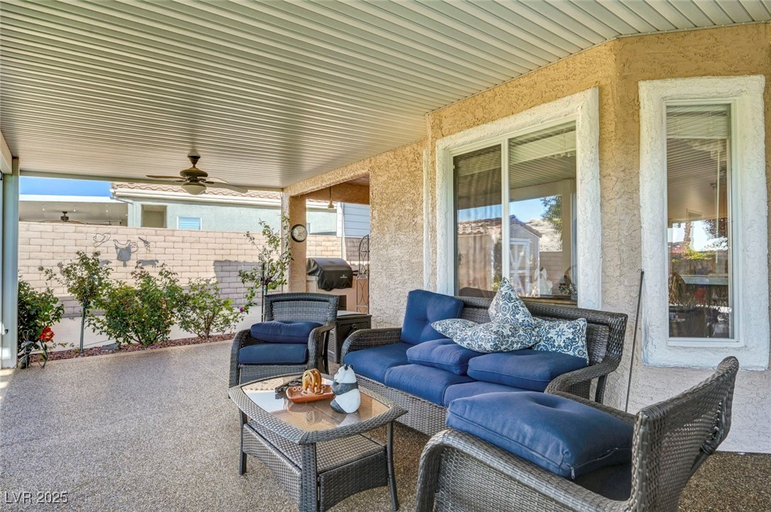 770 Fairway Drive Boulder City, NV 89005 - Photo 48 of 61 View of patio featuring an outdoor living space, grilling area, and a ceiling fan
