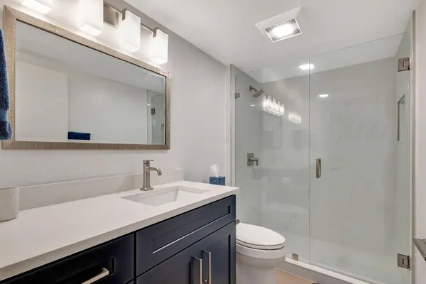 a bathroom with a sink a toilet a shower and a mirror