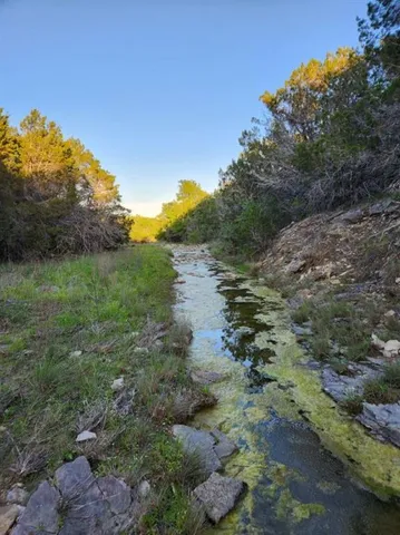 a view of a lake with green space