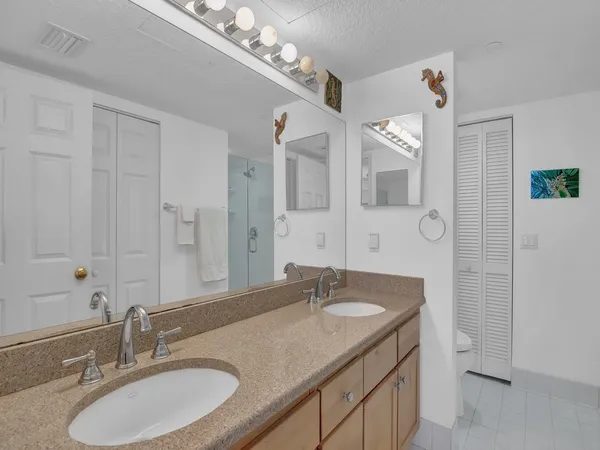 a bathroom with a granite countertop sink a large mirror and a shower