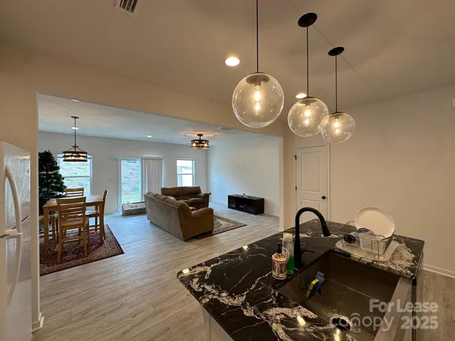 a kitchen with stove and living room view