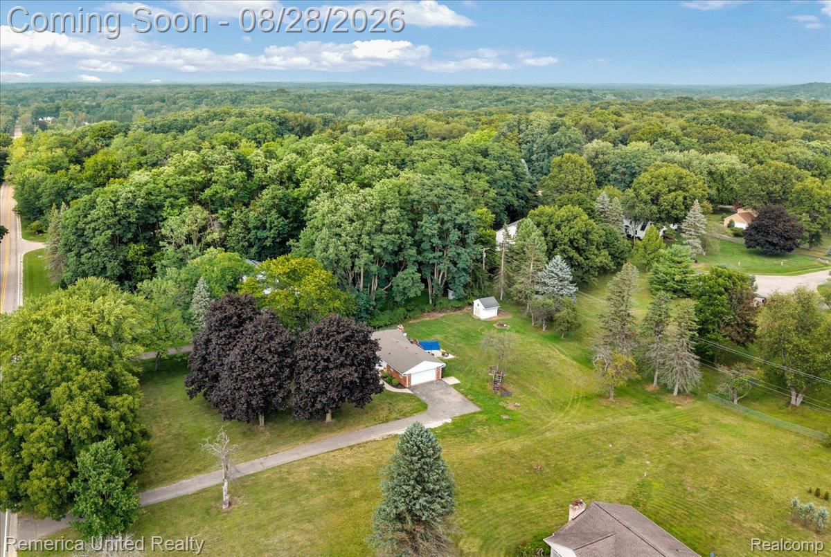 3687 Van Amberg Road Brighton, MI 48114 - Photo 46 of 56 Expansive property featuring a mature tree line, a detached shed, a paved driveway, and a residential structure with an attached garage