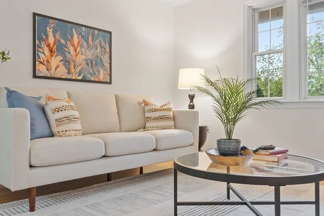 a living room with furniture potted plant and a window
