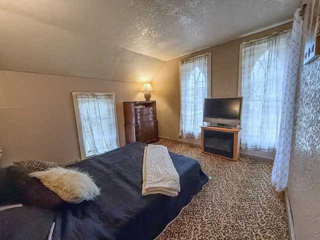 a bed room with a bed and a television