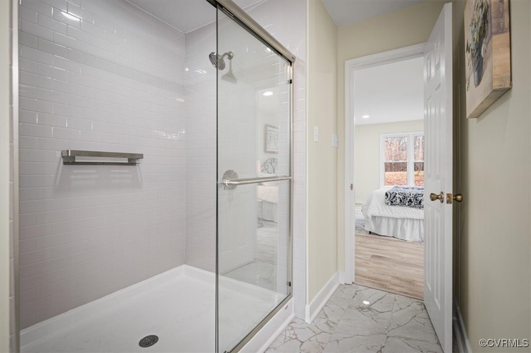 6920 Belmont Road Chesterfield, VA 23832 - Photo 30 of 50 Bathroom featuring a shower with door and hardwood