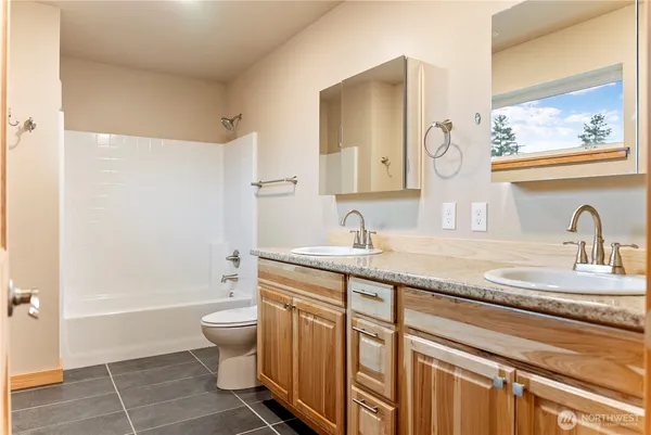 a bathroom with a double vanity sink toilet and shower