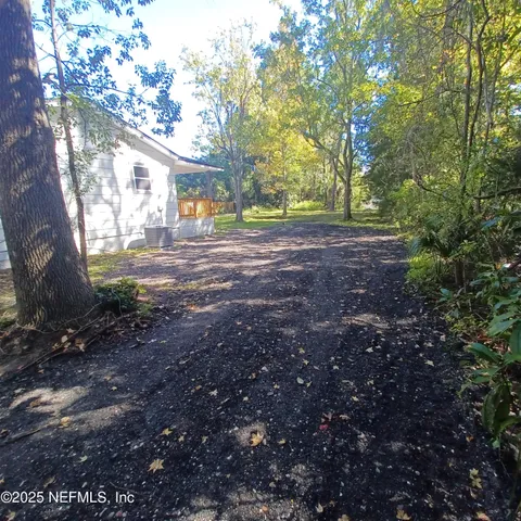 a view of a yard with plants and trees