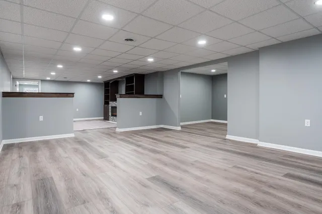 a living room with a fireplace