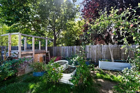 a garden view with a seating space