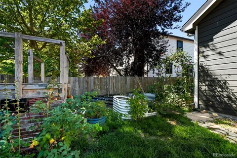 a garden view with a seating space