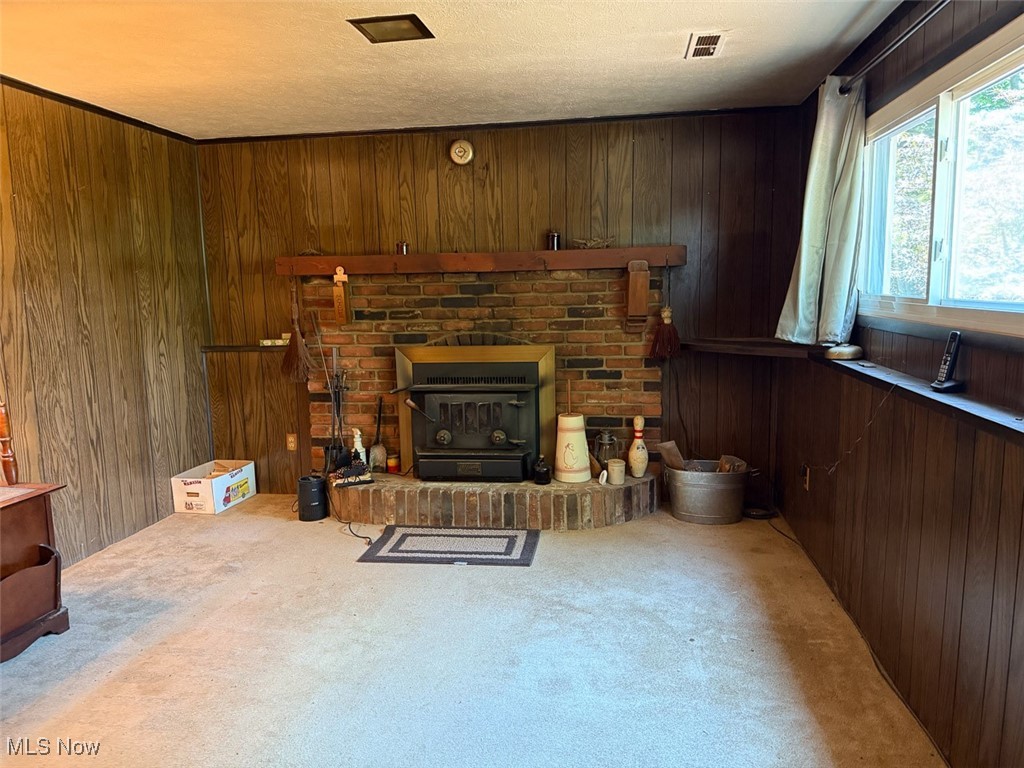 7840 Carter Road Northfield, OH 44067 - Photo 15 of 15 Living area with wood walls, carpet floors, a wood stove, and a textured ceiling