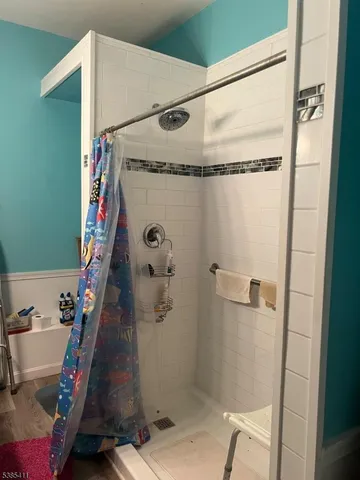 a bathroom with a shower and a toilet