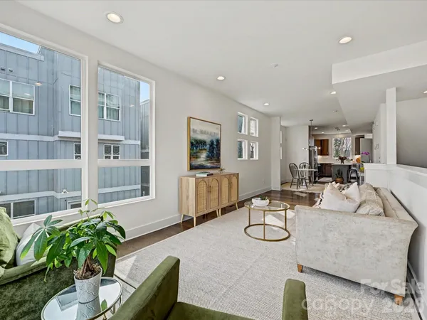 a living room with furniture potted plant and a table