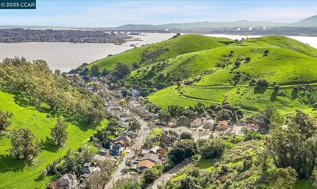 a view of a field with a lake