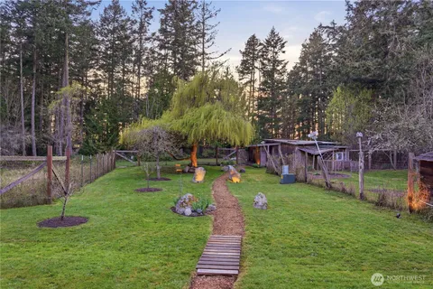 a view of a garden with a slide