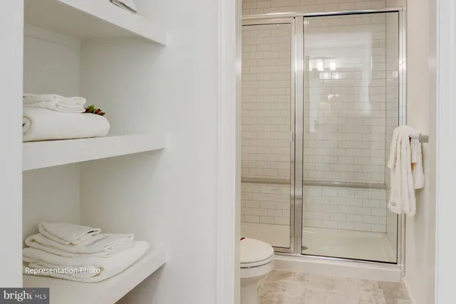 a bathroom with a shower and a toilet