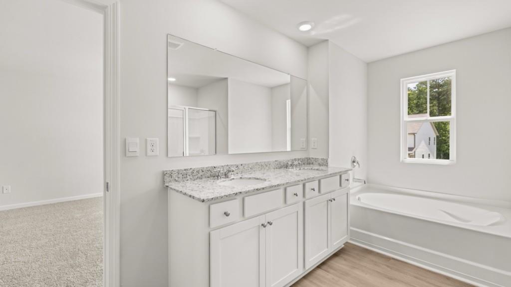 6008 Muirfield Point Union City, GA 30213 - Photo 17 of 29 a bathroom with a granite countertop sink mirror and a bathtub