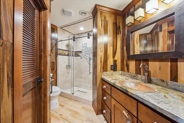 a bathroom with a granite countertop sink mirror and shower