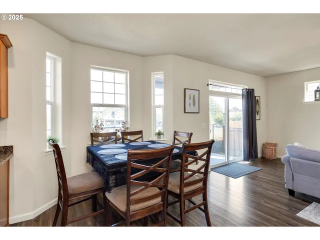 a view of a dining room with furniture and window