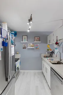 a view of a dining room with furniture