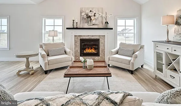 a living room with furniture a rug and a fireplace