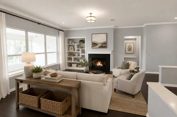 a living room with furniture and a fireplace