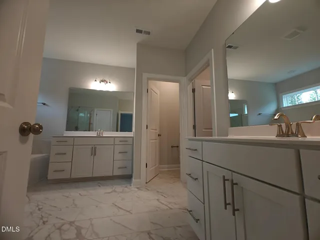 a bathroom with a sink a mirror and a shower