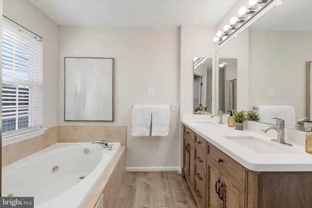 a bathroom with a tub a double vanity sink and mirror