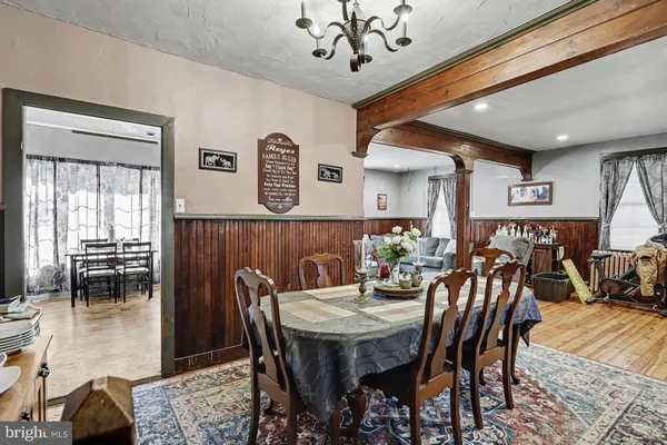 a view of a dining room with furniture