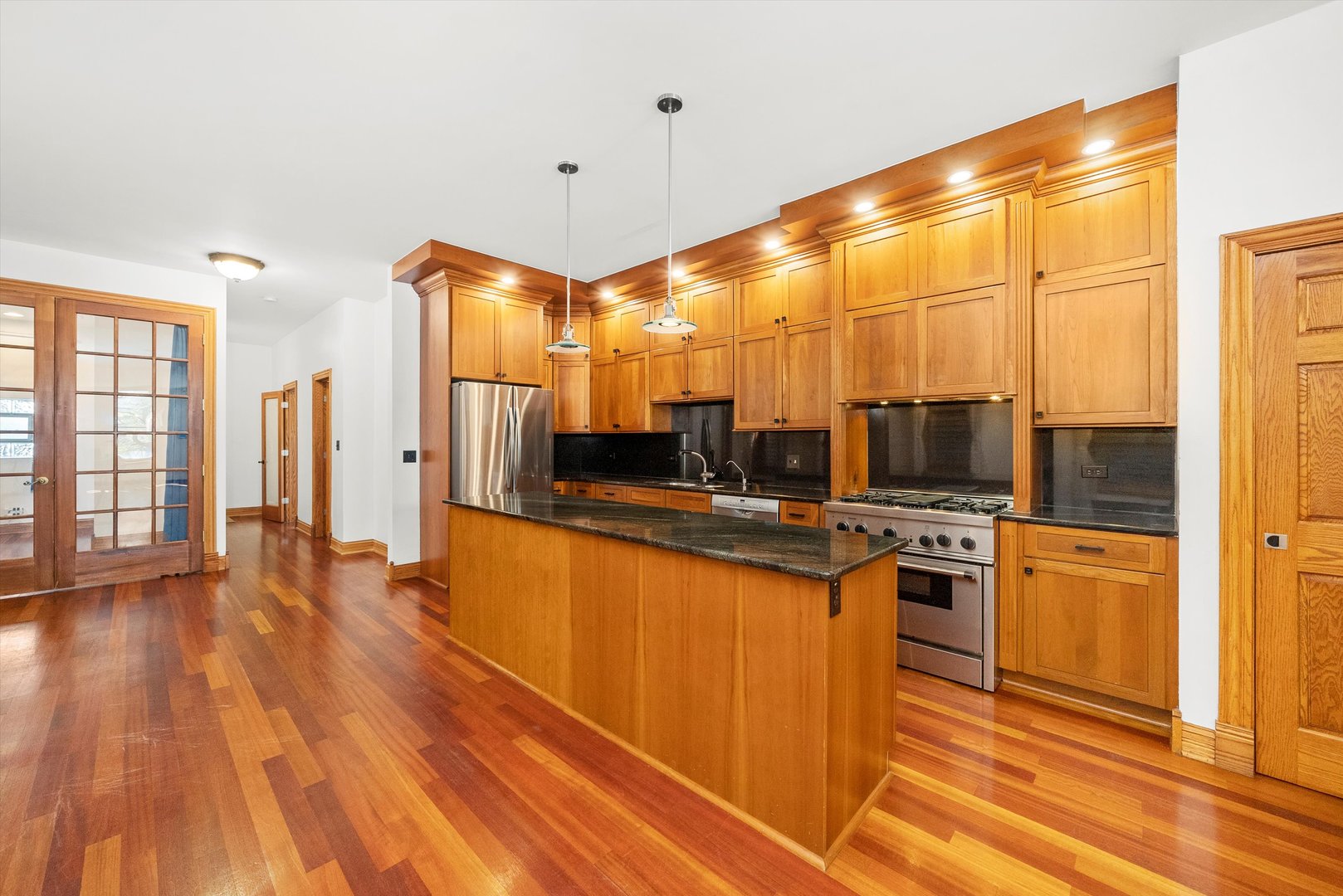 1936 South Racine Avenue Chicago, IL 60608 - Photo 3 of 48 a large kitchen with stainless steel appliances a stove a sink dishwasher a refrigerator and microwave with wooden floor