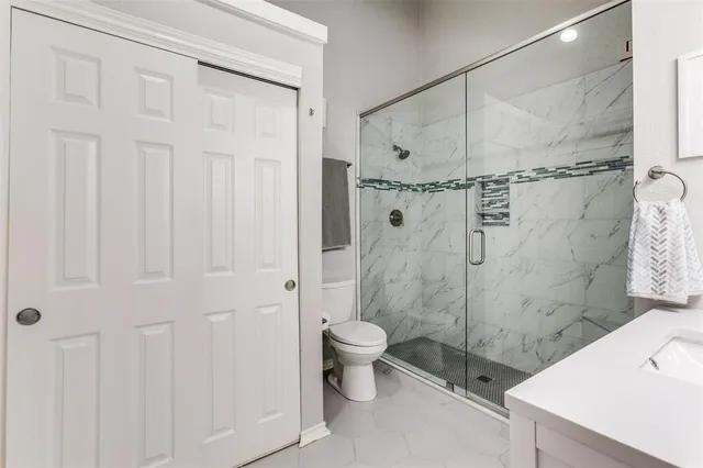 a bathroom with a shower and a toilet