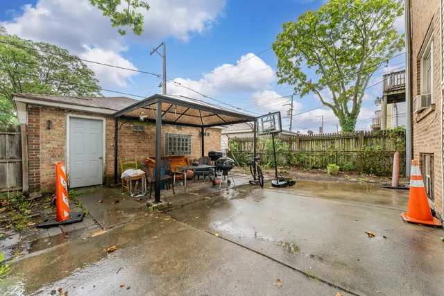 a view of a park with large trees and plants
