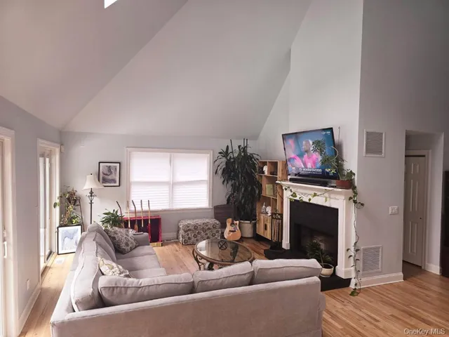 a living room with furniture a flat screen tv and a fireplace
